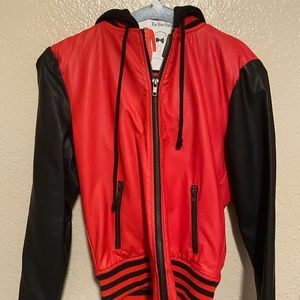 Black and red faux leather jacket